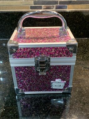 Caboodles Pink Sparkle Glitter  Mini Trunk Style Travel Makeup Case Mirror EUC!